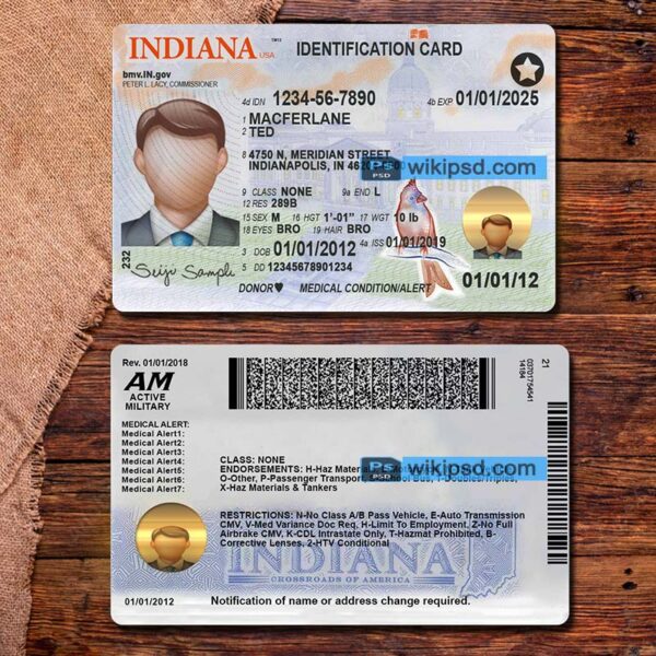 Indiana driving license template psd