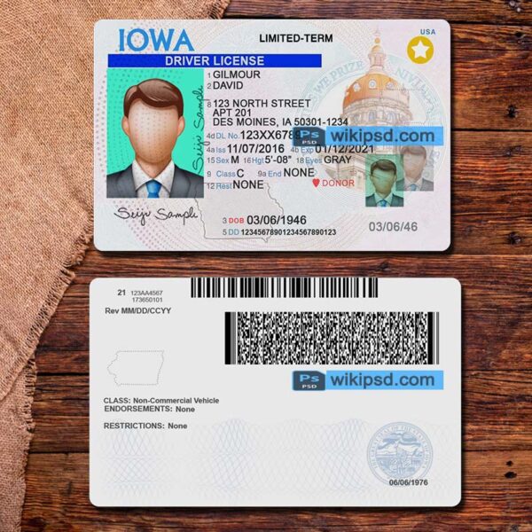 Iowa driving license template psd