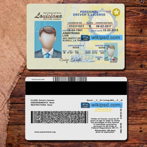 Louisiana driving license template psd