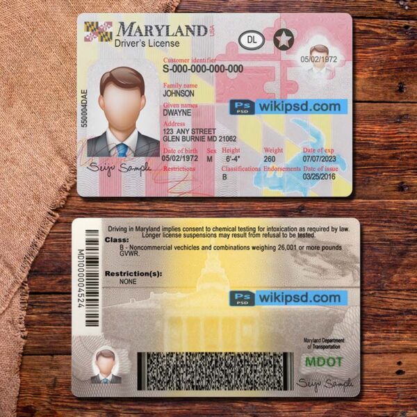 Maryland driving license template psd