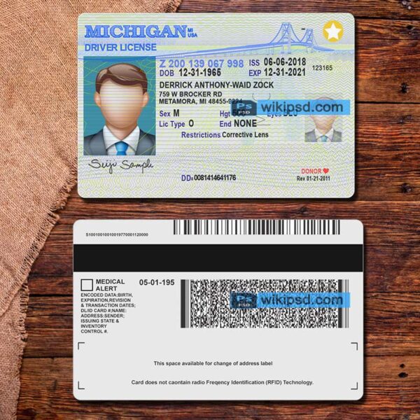 Michigan driving license template psd