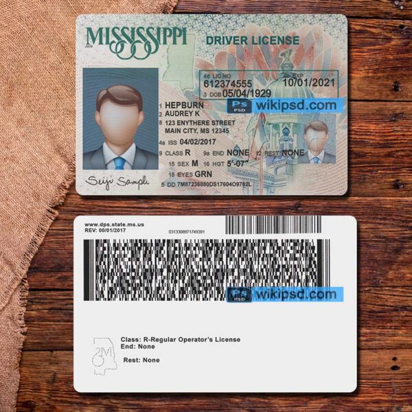 Mississippi driving license template psd