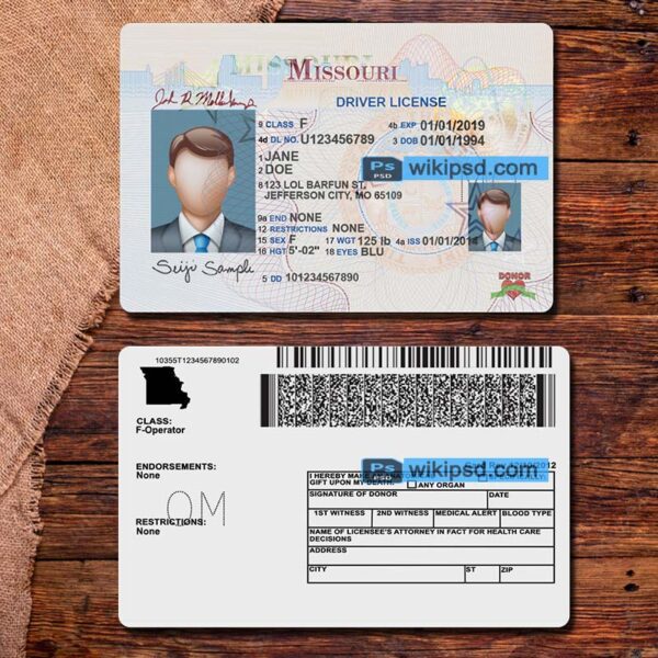 Missouri driving license template psd