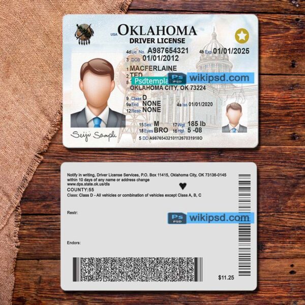 Oklahoma driving license template psd