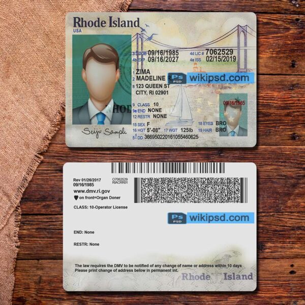 Rhode Island driving license template psd