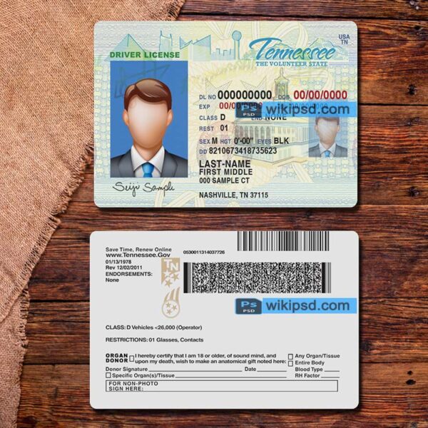 Tennessee driving license template psd