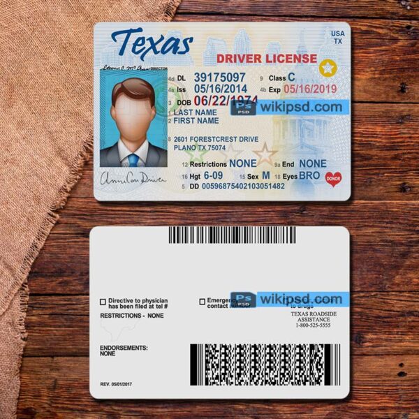 Texas driving license template psd