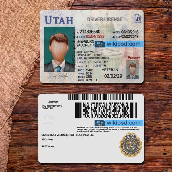 Utah driving license template psd