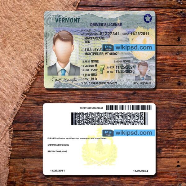 Vermont driving license template psd