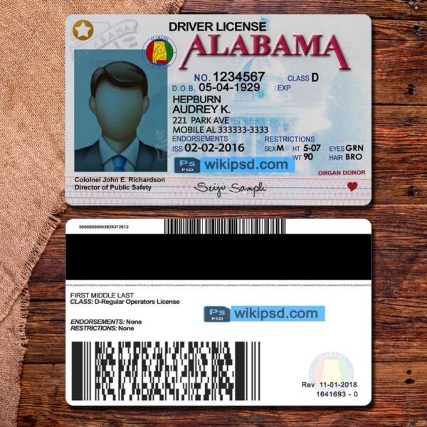 Alabama drivers license template PSD